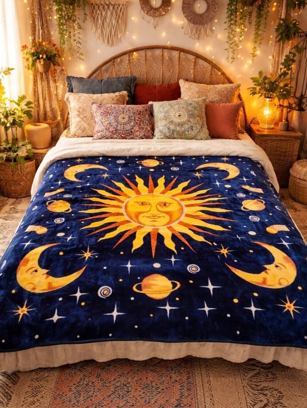 VTG Celestial Sunface Moon Stars Planets  Plush Blanket Whimsigoth Large